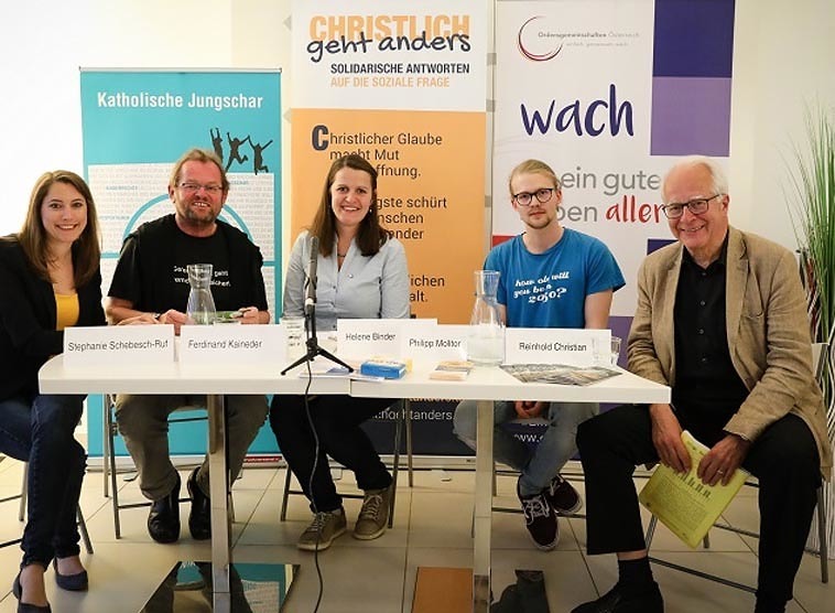 vlnr: Stephanie Schebesch-Ruf (Katholische Jungschar, Moderation), Ferdinand Kaineder, Helene Binder, Philipp Molitor, Reinhold Christian. / mschauer